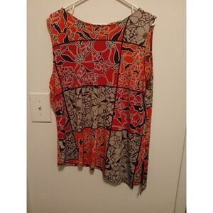 Womens XL Sleeveless Floral Patchwork Asymmetrical Hem Blouse Red Black